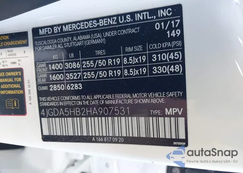 2017 Mercedes-Benz Gle 350 4Matic z USA, uszkodzony, nr VIN 4JGDA5HB2HA907531